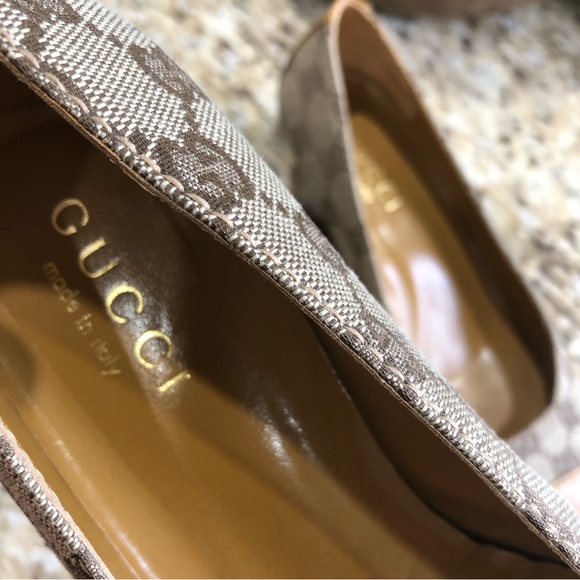 Gucci Mustard Leather Tan GG Canvas Square Toe Kitten Heels w/ Wooden Heels 7.5 - Picture 7 of 10